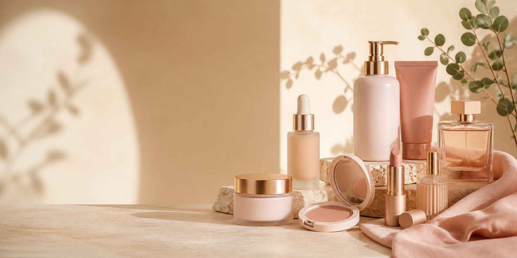 An elegant arrangement of skincare, makeup and fragrance products